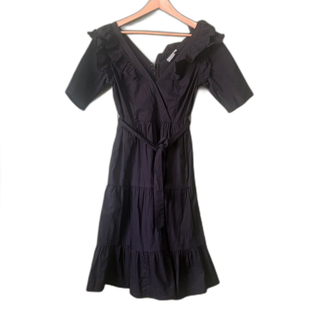 eShakti Black Ruffle Cotton Poplin Tiered VNeck Midi Dress Sz US 8